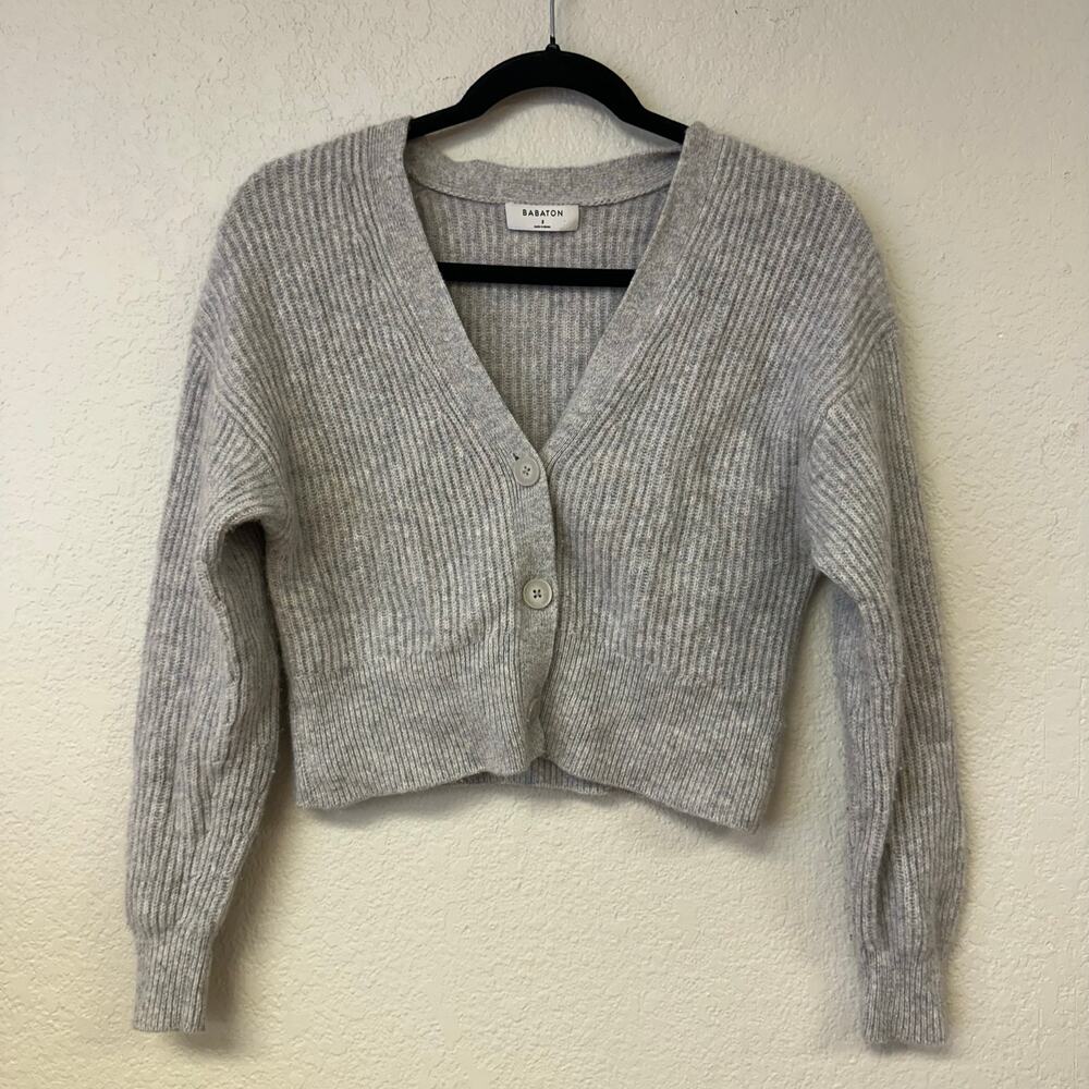 Babaton Rib Knit V-Neck Long Sleeve Cropped Cashmere Cardigan Gray Small